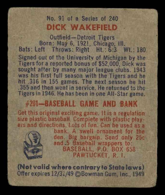 1949 באומן 91 דיק וויקפילד דטרויט נמרים נמרים טובים