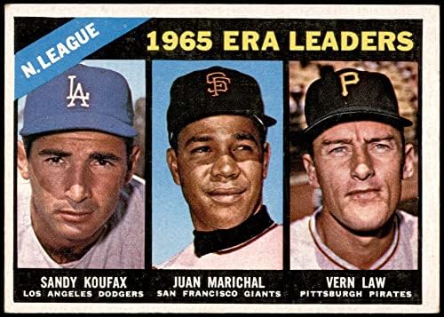 1966 Topps 221 NL ERA מנהיגים Sandy Koufax/Juan Marichal/Vern Law Dodgers/Pirates/Giants VG/Ex Dodger