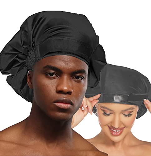 כובע מקלחת גדול לגברים,כובע מקלחת גדול לנשים שיער ארוך,כובע מקלחת לשימוש חוזר לצמות,ראסטות,תלתלים, לוק, כובע שיער מתולתל עם שיער מתולתל למקלחת, רחיץ ומתכוונן, שחור