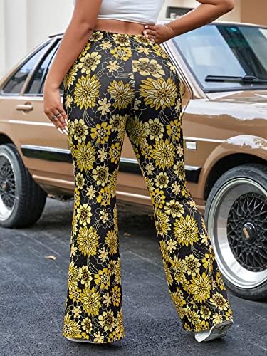 Oyoangle לנשים פלוס גודל מזדמן מותניים מזדמנים מכנסיים פרחים חמניות הדפס מכנסי רגל רחבים