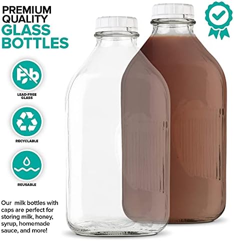 מלאי את הבית שלך חצי ליטר זכוכית בקבוק חלב עם מכסה 64 עוז פכים ו 6 כובעים לבנים, לשימוש חוזר מזון כיתה חלב מיכל עבור מקרר, בקבוקים עבור מיץ, שיבולת שועל או חלב צמחים, מים, דבש