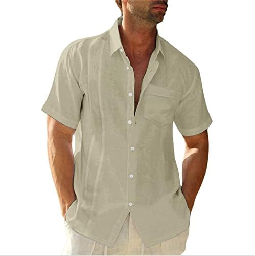 DGHM-jlmy של גברים קיץ דש צבע אחיד חולצה רגיל שרוול קצר כפתור מזדמן חולצה פשתן נ 'צוואר חוף חולצות