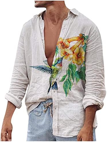 חולצות פשתן כותנה של Beuu לגברים, כפתור סתיו למטה ציפורי שרוול ארוך ציפורים הדפסות חולצות הוואי מזדמנים צמרות חוף