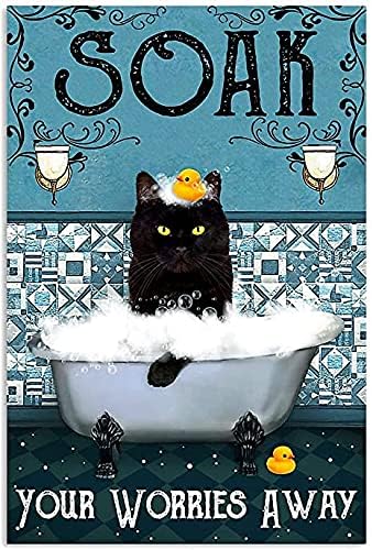 לאמבטיה חתול רטרו שלט פח מתכת, חתול שחור משרים את הצרות שלך בועות סבון סבון סבון פוסטר וינטג 'מערת האסלה בר שלט קישוט קיר אמבטיה שלט 8x12 אינץ'
