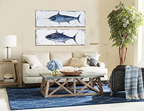 אמנות Batrendy חרב דג בד קיר אמנות קיר כחול ולבן ציור דגים אוקיינוס ​​חוף נושא תמונה מצוירת ביד ימית ימית הימית של בעלי חיים דפוס לחדר שינה לחדר אמבטיה ממוסגר