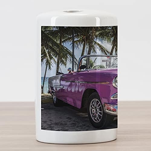 מכוניות אמבסון מחזיק מברשת שיניים קרמיקה, מכונית קבריולטה בצבע קלאסי חונה על החוף בקובה חוף הים עצים אקזוטיים, הדפס, משטח דקורטיבי לתכליתי לחדר אמבטיה, 4.5 x 2.7, ירוק סגול