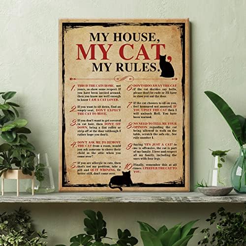 אמנות קיר בד לחתול אבא מתנה אמא, הבית שלי החתול שלי הכללים שלי הדפיס פוסטר ממוסגר לבעלים חובב חתולים 12 x 15 אינץ 'קישוט ציור לחדר השינה הביתי