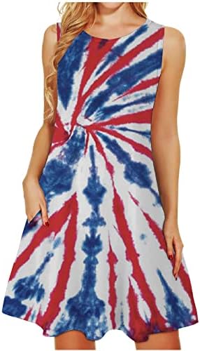שמלות יום עצמאות של HCJKDU לנשים עגול צוואר עגול שרוולים דגל אמריקאי שמלת מיני רופפת שמלת טנק מזדמן עם כיסים
