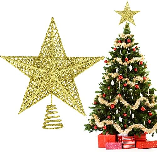 טופר עץ חג המולד, טופר עץ כוכב חג המולד בגודל 9 אינץ 'לקישוט חג המולד, כוכב עץ חג המולד הזהב טופר לקישוט עץ חג המולד, זהב 3D Hollow Glitter Star לקישוטי חג המולד