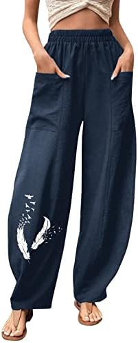 מכנסי פשתן כותנה לנשים מכנסיים מזדמנים בתוספת מכנסי נוצה בגודל מכנסי רגל רחבים המותניים האלסטיים מכנסיים פלאצו עם כיסים