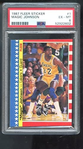 1987-88 Fleer 1 Magic Johnson מדבקת PSA 6 כרטיס כדורסל מדורגת NBA 1987-1988 לוס אנג'לס לייקרס 87-88