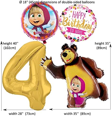 Masha e orso בלוני נייר כסף צבעוניים שנקבעו ליום הולדת 4 שנים נושא מאשה והדוב מישקה y el oso, זהב