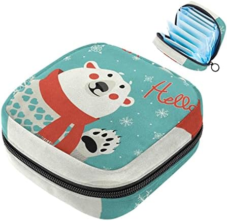 תיק תקופת, תיק אחסון מפיות סניטרי, מחזיק כרית לתקופה, כיס איפור, דפוס כחול של חג המולד שמח דוב