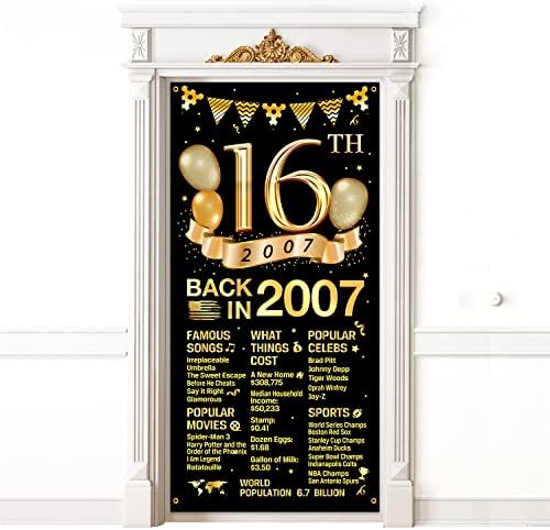 קישוטים לכיסוי דלת ליום הולדת 16, קישוטי עטיפת זהב שחור זהב שחור שמחה 16 ציוד למסיבות כיסוי ליום הולדת, עיצוב שלט תפאורה גדול בן שש עשרה בן שישה עשרה