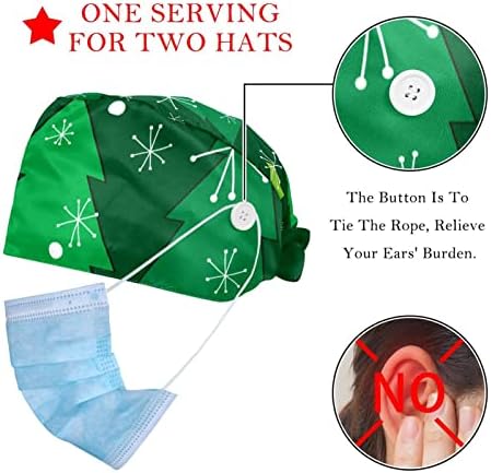 2 חתיכות יוניסקס כובעי בופנט עם כפתורים קושרים כובעים אחוריים עם רצועת זיעה לנשים, דפוס עץ חג המולד ירוק פתית שלג