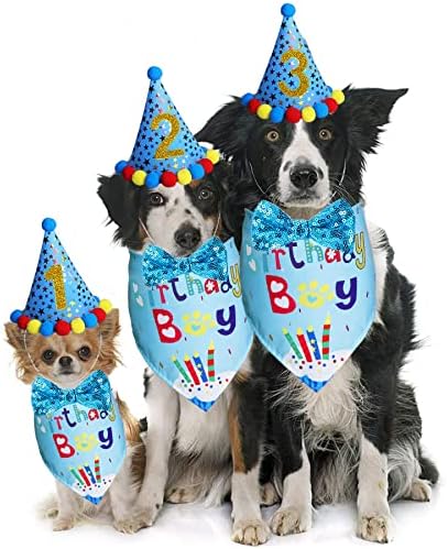 ציוד למסיבות יום הולדת של STMK כלב, כלב יום הולדת ילד בנדנה צעיף וכובע מסיבת יום הולדת לכלב עם מספרים צווארון עניבת פרפר לכלבים לכלבים גדולים בינוניים גדולים