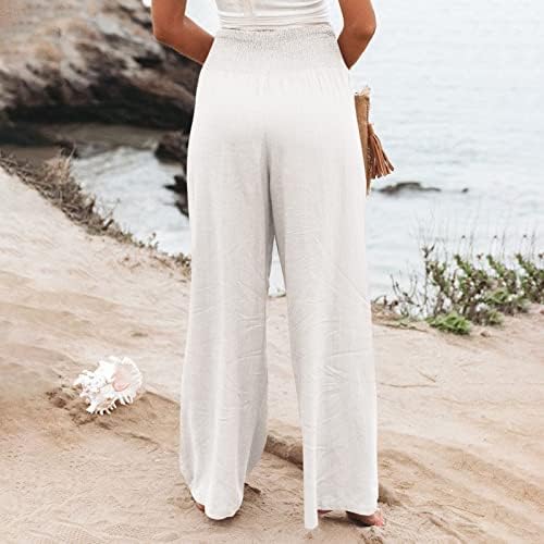מכנסי iaqnaocc לנשים, פשתן כותנה נוחה רגל רחבה מכנסי חוף מותניים גבוהים עם כיסים
