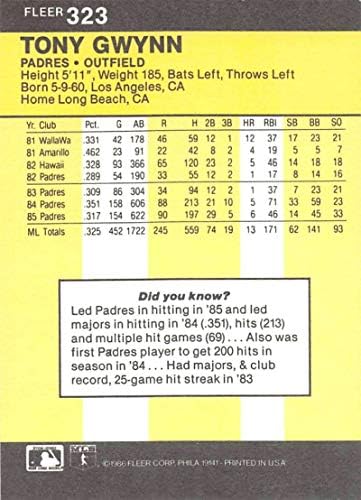 1986 בייסבול פייר 323 טוני גווין סן דייגו פדרס כרטיס מסחר רשמי ב- MLB
