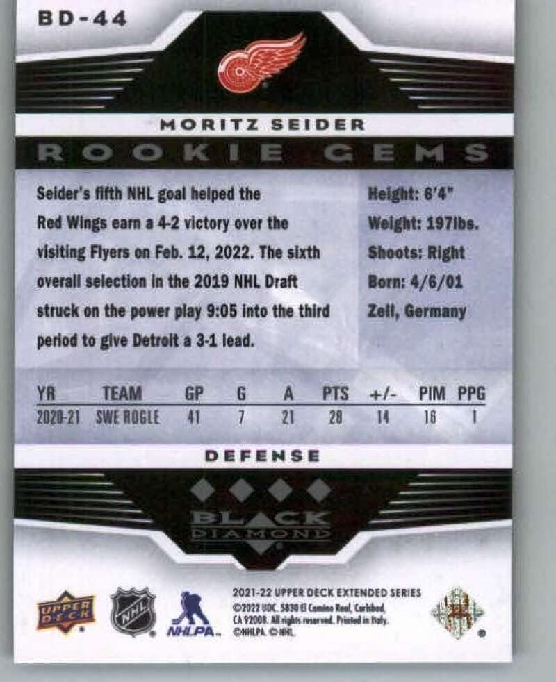 2021-22 סיפון עליון יהלום שחור מורחב 2005-06 רטרו BD-44 Moritz Seider RC טירון דטרויט כנפיים אדומות NHL כרטיס מסחר בהוקי