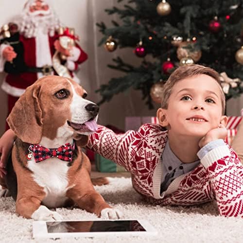 Peclot 2 חבילה צווארון כלבי חג המולד, צווארוני כלבים משובצים באפלו קלאסיים עם עניבת פרפר נשלפת, צווארון לחיות מחמד מתכוונן עם סנטה ועץ חג המולד