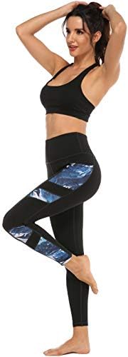 מכנסי יוגה מודפסים של נשים עם נשים עם 2 כיסים, מותניים גבוהים שאינם רואים בקרת בטן 4 דרך חותלות מתיחה